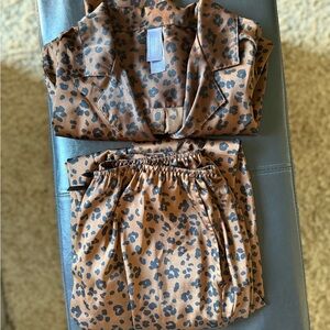 Leopard print satin pajamas set long sleeve pants